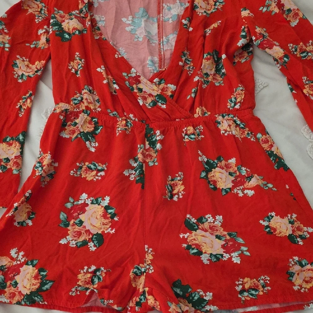 JUSTEAB Red Floral Wrap Romper - Picture 3 of 8